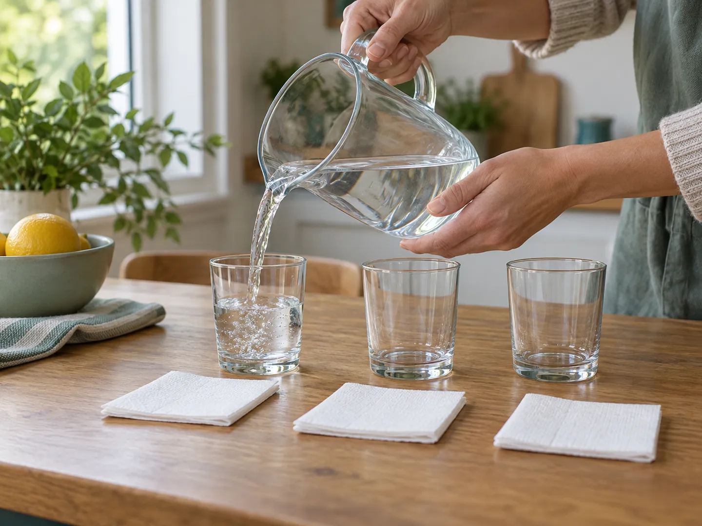 Hands pouring water from a glass jug into the first of three identical glasses, with three folded squares of kitchen paper in front