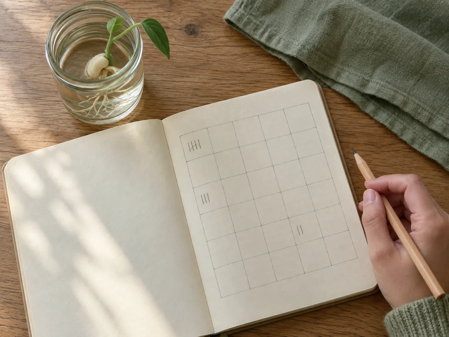 An open notebook on a wooden table with a hand-drawn pencil grid of tally marks, beside a sprouting bean in a glass jar